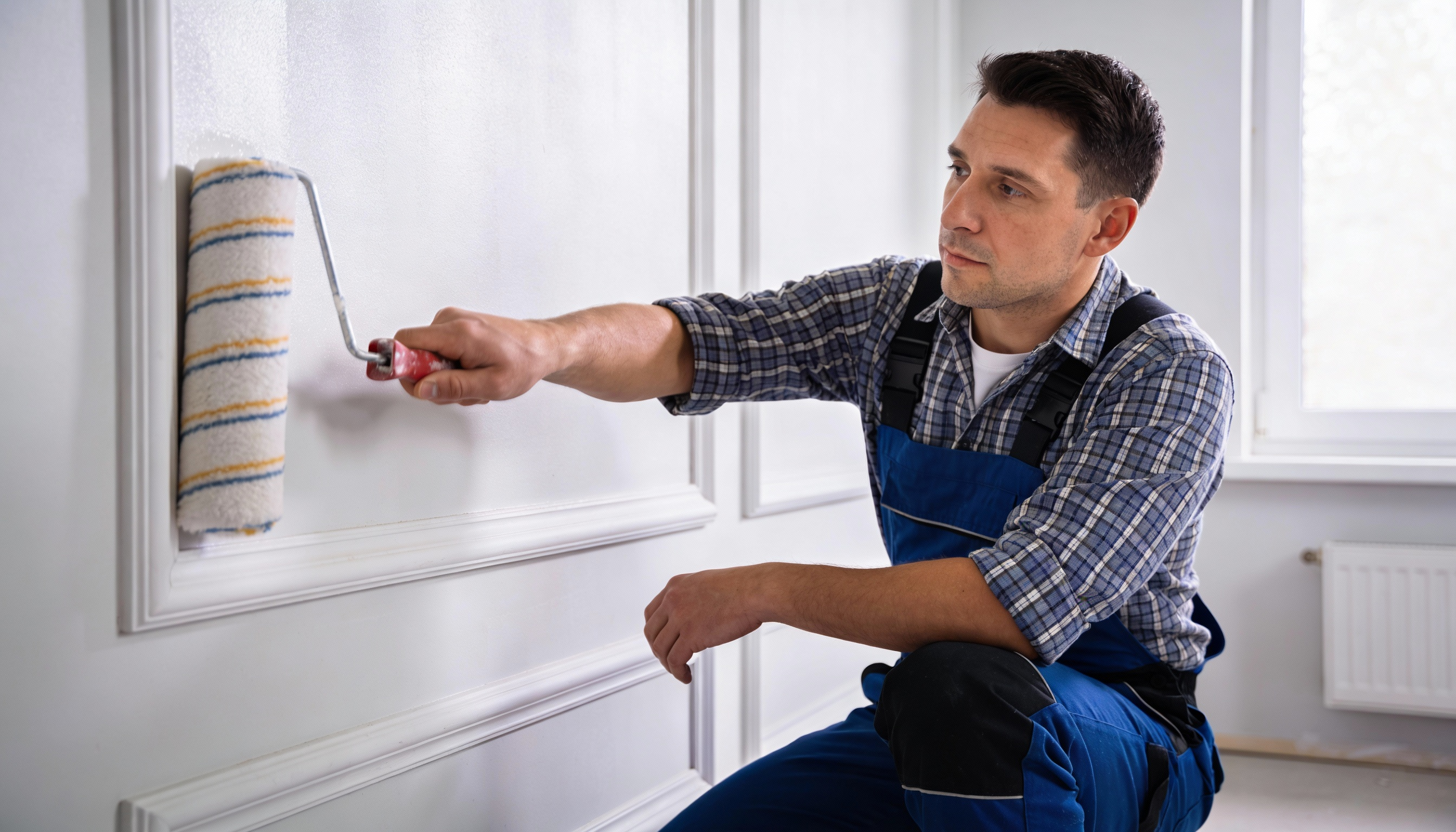 Professionelle Malerarbeiten an einer Wohnzimmerwand